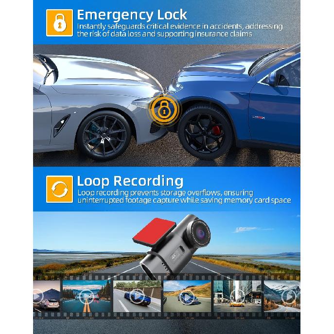 

Видеорегистратор передний и задний с Wi-Fi, 4K/1080P, 1,47 маленький видеорегистратор для автомобилей, запись UHD 2160p, автомобильная DVR-камера с 170° широким углом обзора, ночное видение,