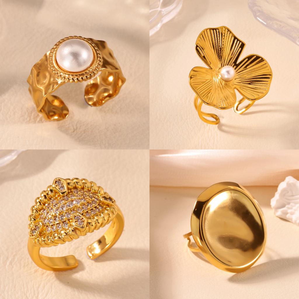 Stainless Steel Flower Ring for Women 18K Gold-plated Anti Fading Open Rings Wedding Imitation Pearl Jewelry Prom Accessories
