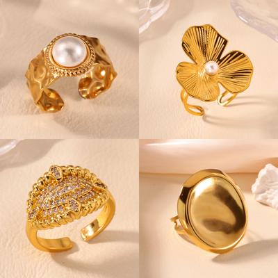 Stainless Steel Flower Ring for Women 18K Gold-plated Anti Fading Open Rings Wedding Imitation Pearl Jewelry Prom Accessories