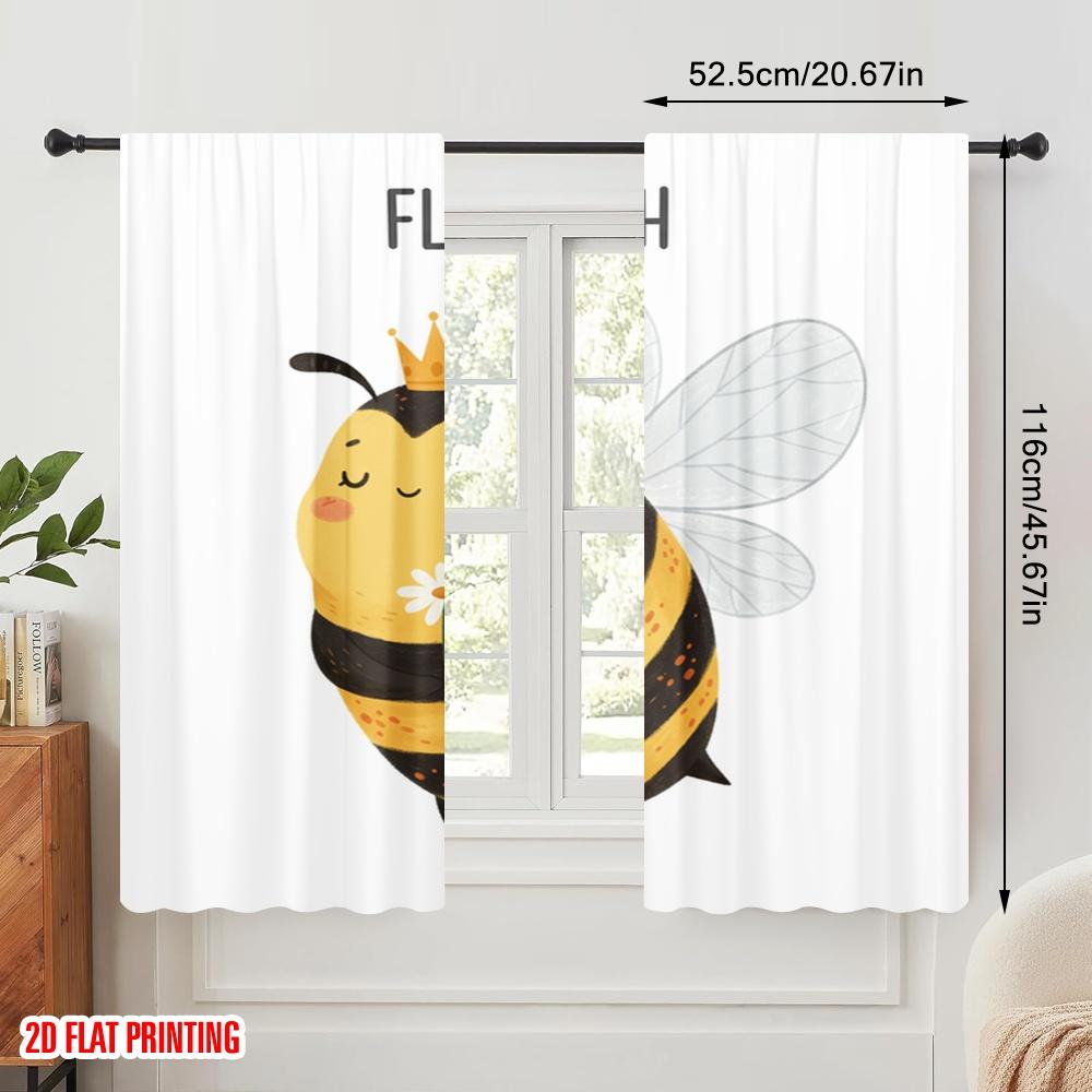 2pcs 2D flat printing Curtains Cute Bee Flower Flying Polyester Without Electricity Festive Wall Decor Perfect for Indoor