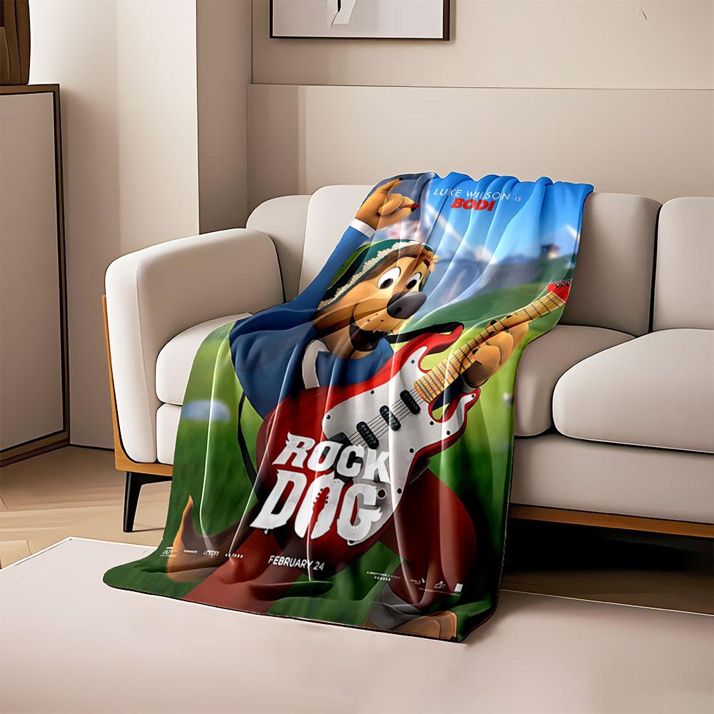 

An animated dog happily playing a red electric guitar outdoors. for all seasons blanket lunch break throw gift 80cm x 120cm