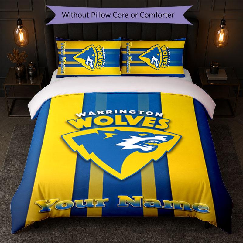 Warrington Wolves FC Custom Name Text Bedding Set 1 Duvet Cover+2 Pillowcases Soccer Logo Personalized Gift For Special Occasion Bedroom Decor