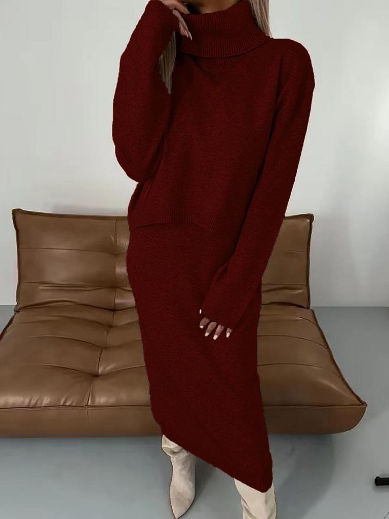 High Neck Long Knit Sweater Dress Two-Piece Set for Autumn/Winter