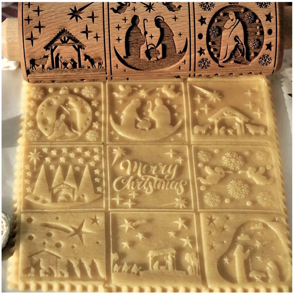 Christmas Rolling Pin with Pattern Rolling Pins Rock Snowflake Elk Embossing Baking Cooky Biscuit Fondant Cake Patterned Roller