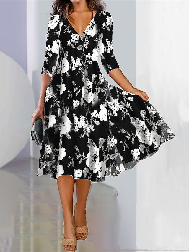 Women Spring Summer Flower Pattern Print V-Neck High Waist Casual Dresses