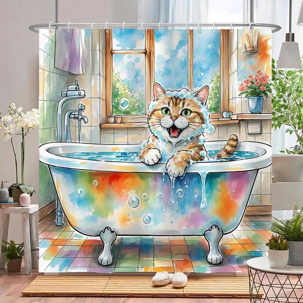 Funny Bathing Cat and Dog Shower Curtain Waterproof Bathroom Curtain Creative and Interesting Partition Bath Curtain with Hooks