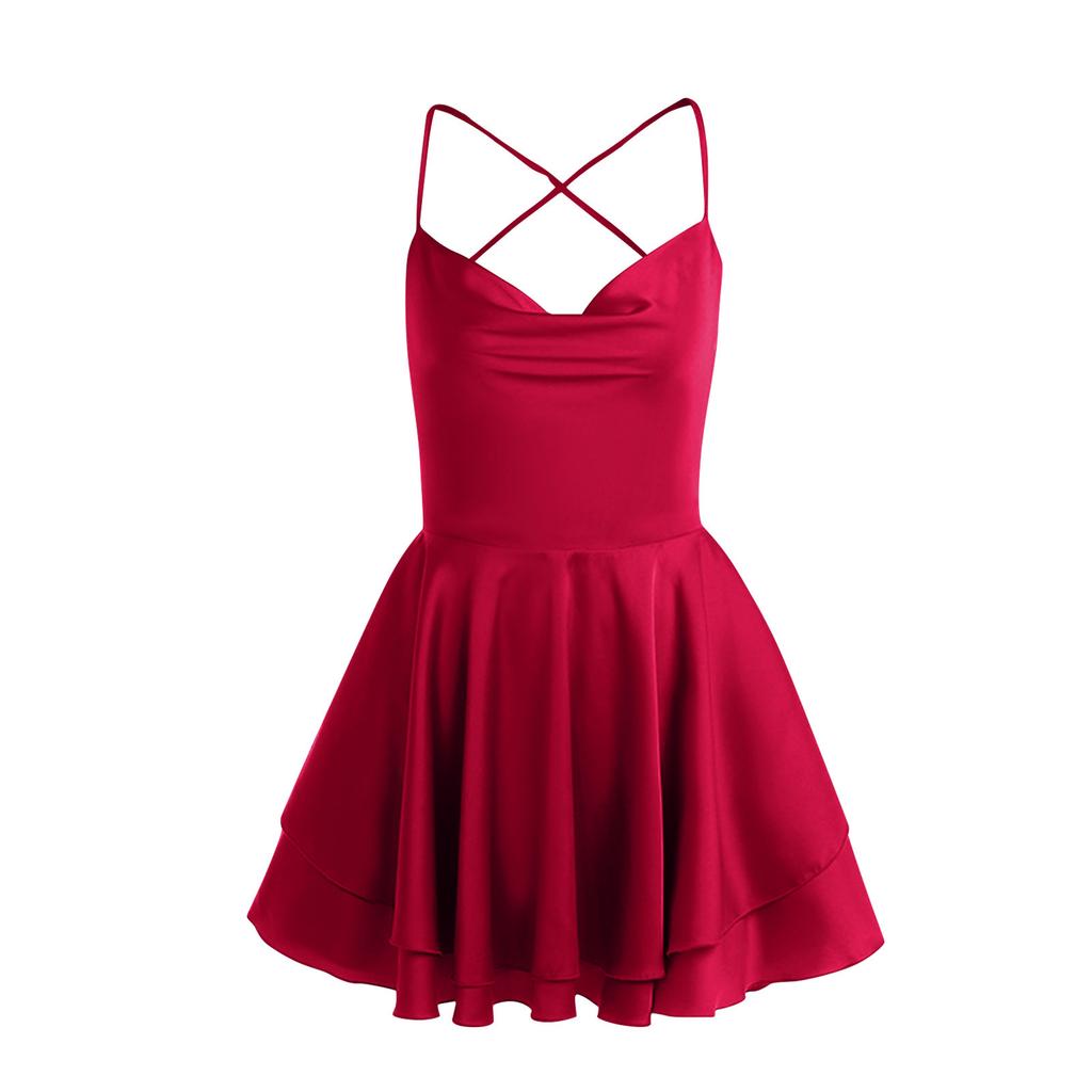 Rochie din satin cu spate scurtă de vară pentru femei. Salopete cu bretele spaghete