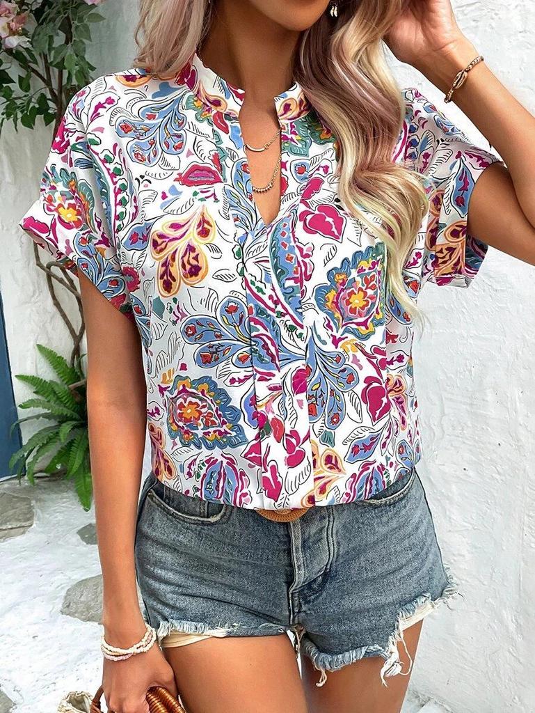 Women's Colorful Floral Print V-Neck Short-Sleeve Top - Summer Fashion