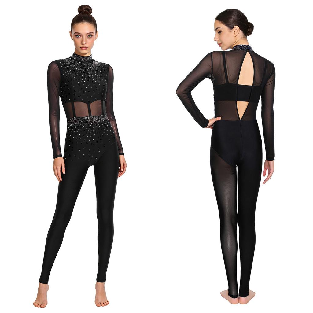 Błyszczący Kombinezon Pełnego Krycia na Scenę S-XXL: Damska odzież sportowa z panelami z przezroczystej siateczki i detalami na plecach