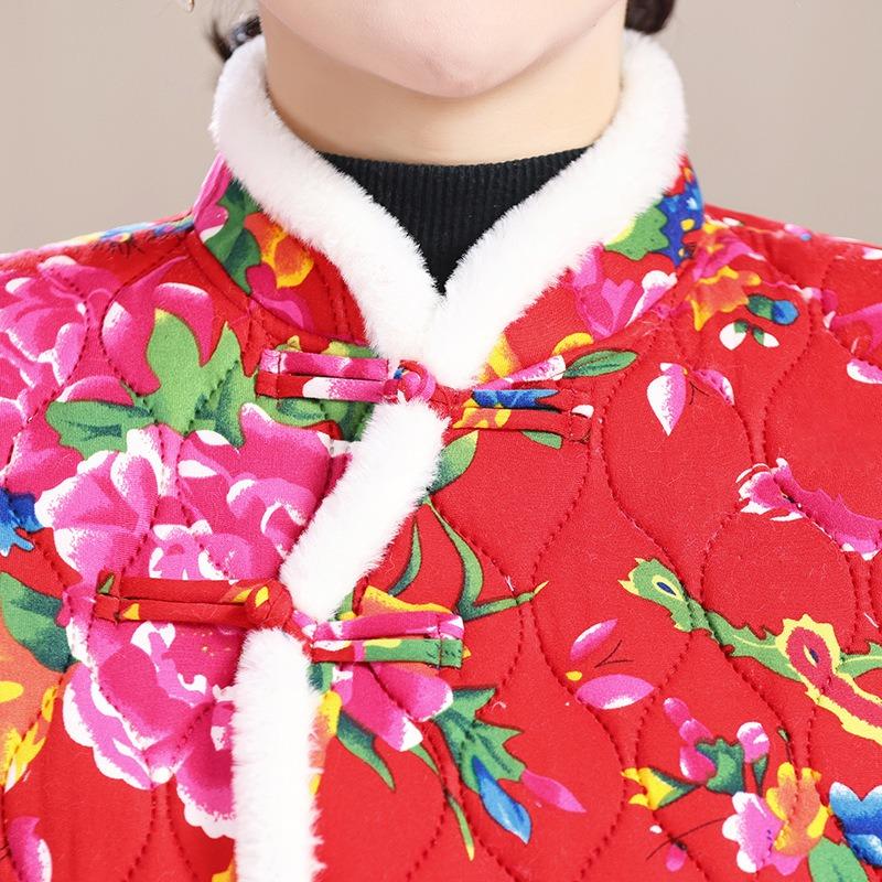 Women's winter thickened large flower padded jacket improved vest disc buckle warm festive vest