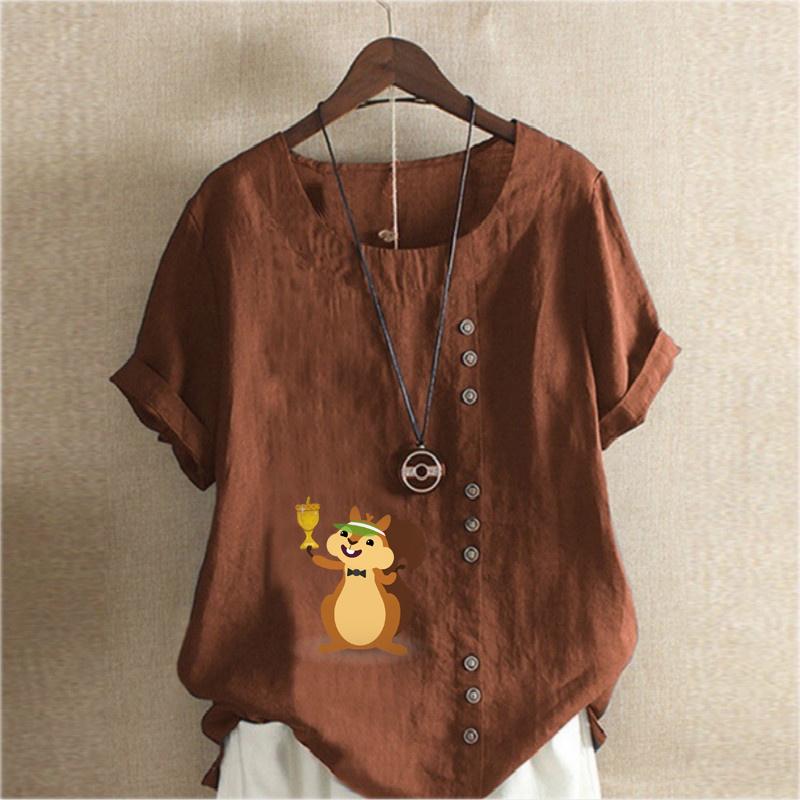 Women's Fashion Round Neck Short Sleeve T-shirt Casual Cotton Linen Graphic Shirt Leisure Loose Squirrel Prined Summer Blouse Tops