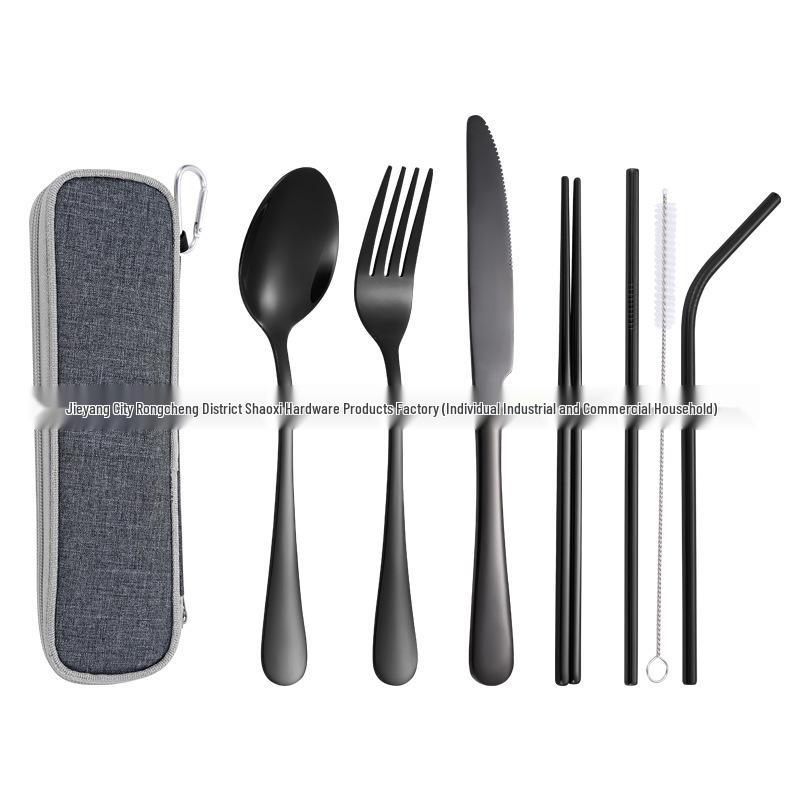 Stainless Steel Outdoor Travel Cutlery Set: Knife, Fork, Spoon, Straw, Chopsticks with Storage Bag
