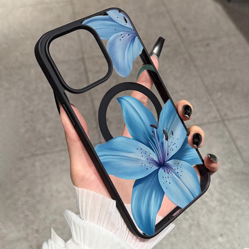 Blue Lily Flower Pattern Phone Case Suitable for iPhone 17, 16, 15, 14, 13, 12, 11 Pro/Max/Plus Anti Drop and Anti Shock