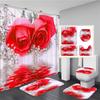 Butterfly Red Roses And Flowers Print Shower Curtain Set Anti-Slip Rugs Toilet Lid Cover Bath Mat  Bathroom Curtains Decoration