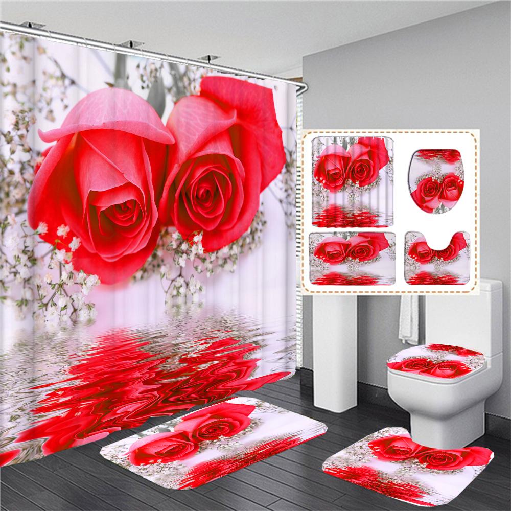 Butterfly Red Roses And Flowers Print Shower Curtain Set Anti-Slip Rugs Toilet Lid Cover Bath Mat  Bathroom Curtains Decoration