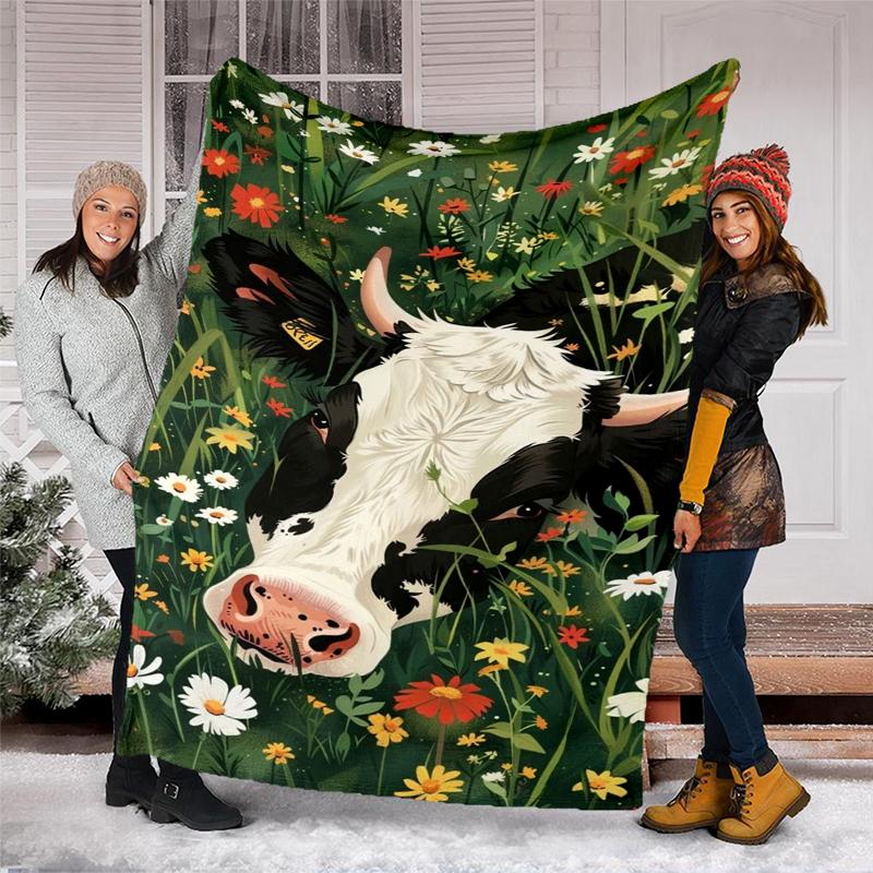 Cow Flowers Blanket Personalized Name Flannel Blanket Soft Cozy Plush Throw for Sofa Bed Lightweight Home Décor