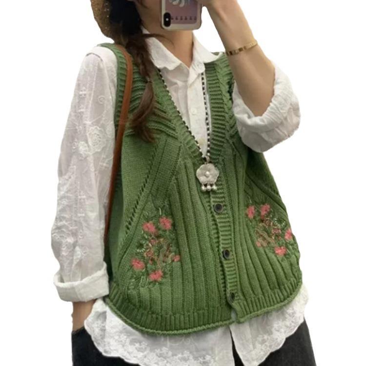 Damski luźny casualowy dzianinowy sweterek bez rękawów z dekoltem V wiosenny haft styl artystyczny revival styl starożytny