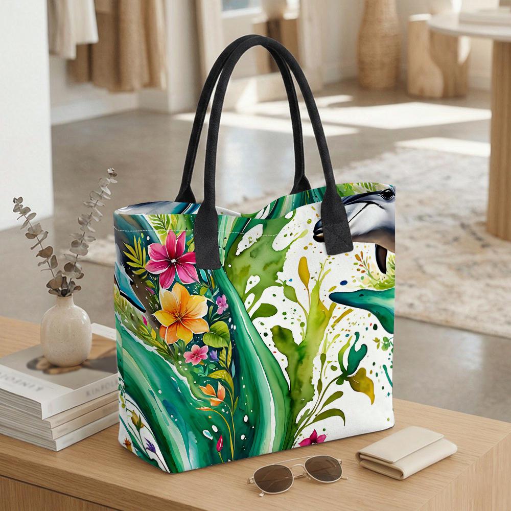 Floral Dolphin Print Tote Bag Casual Large Capacity Portable Daily Shoulder Handbag