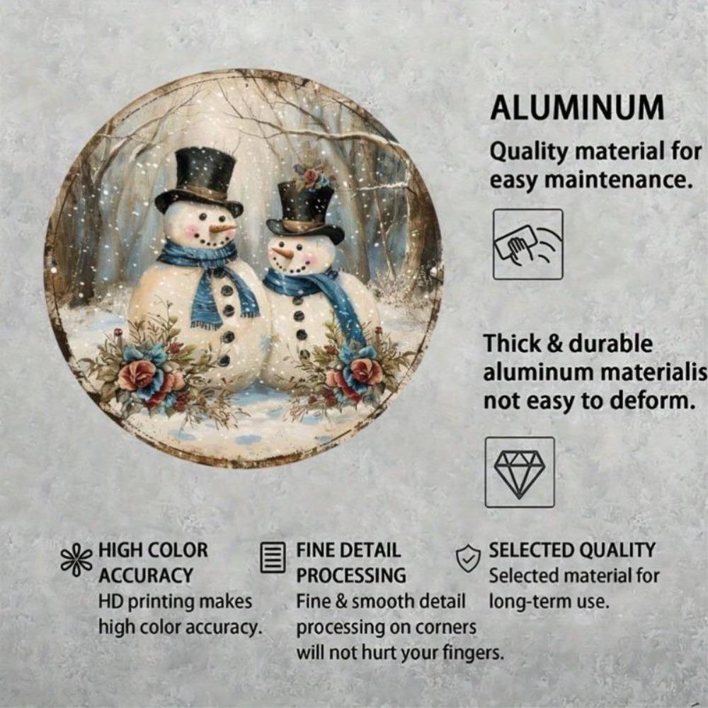 Bonhomme de neige Noël Art Mural Métallique 8x8 Pouces Aluminium Décoration de Fête Scène d'Hiver Roses Rouges Plaque Métallique Ronde Intérieur Extérieur Maison Jardin Décoration Facile à Accrocher