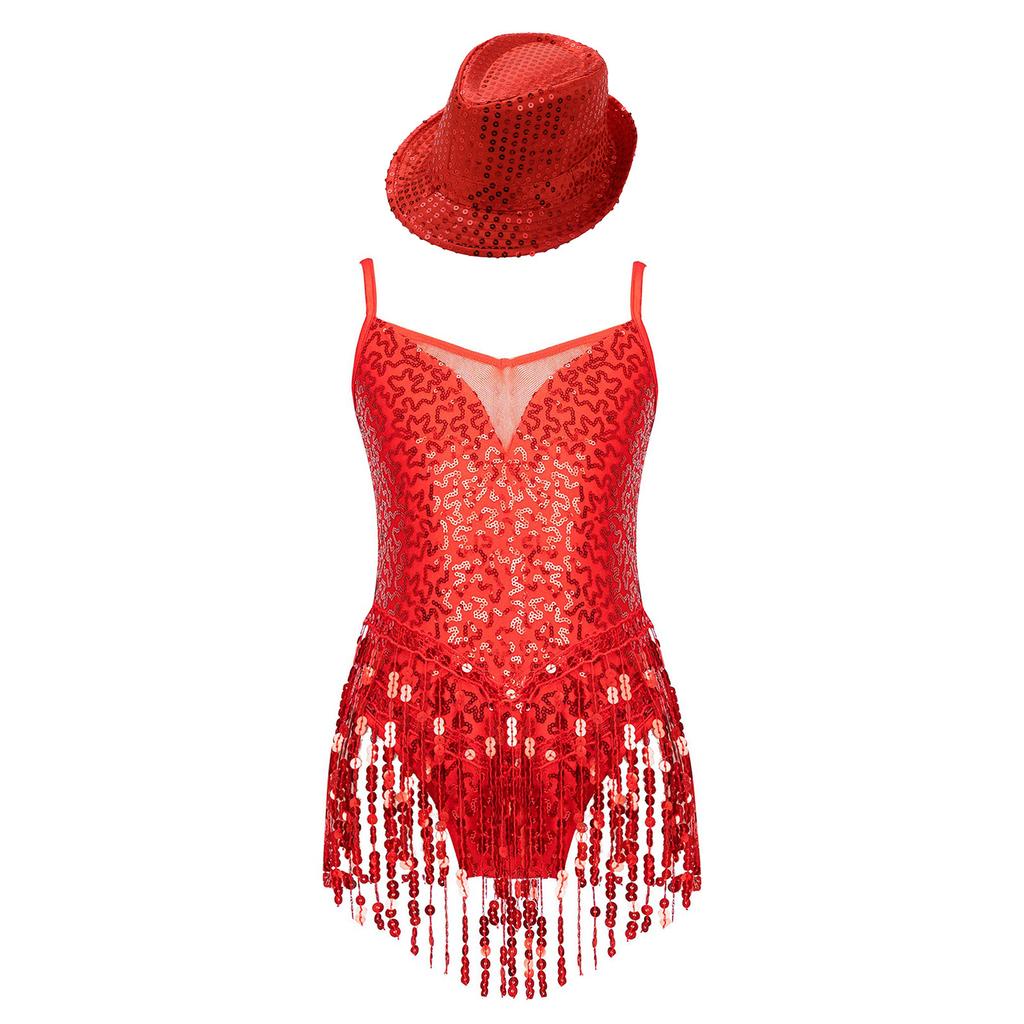 Girls Sleeveless V Neckline Mesh Patchwork Shiny Sequins Tassel Hem Leotard Hat Jazz Latin Dance Costume