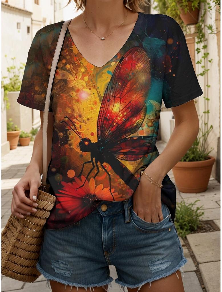 Damen T-Shirt Grafik Tier Vintage Stilvoll Klassisch Kurzarm V-Ausschnitt Regulär Oberteile Täglicher Druck Damenkleidung Oberteile für Damen