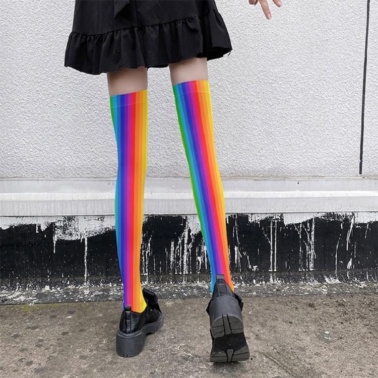Damen Japanische Stile Anime Oberschenkelhohe Strümpfe Regenbogen Mehrfarbig Gestreiftes Muster Seide Über dem Knie Lange Socken Strumpfwaren