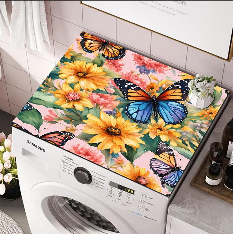 Blue Butterfly & Daisy Drain Mat Absorbent Non-Slip Washing Machine Dust Cover Pad, Dish Drying Mat for Kitchen, Laundry Room
