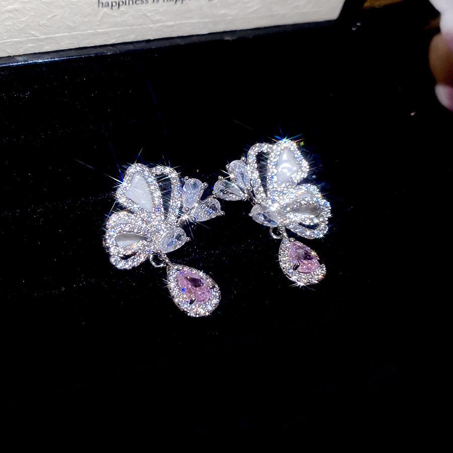 Silver Needle Pink Butterfly Zircon Cutout Stud Earrings - High-End Luxury Fashion Jewelry