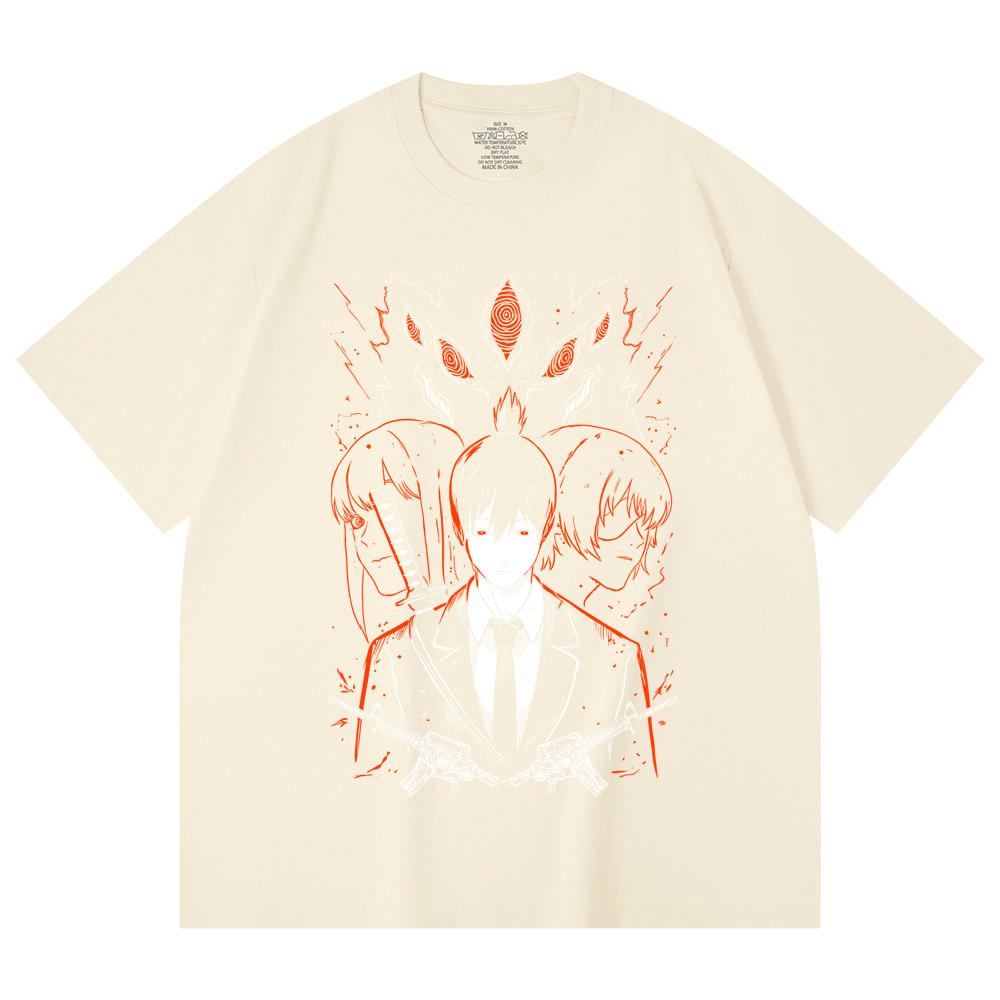 230 Gsm 100% Cotton Chainsaw Man V27 Aki Print Unisex Heavy Cotton T Shirt XS абрикосовый
