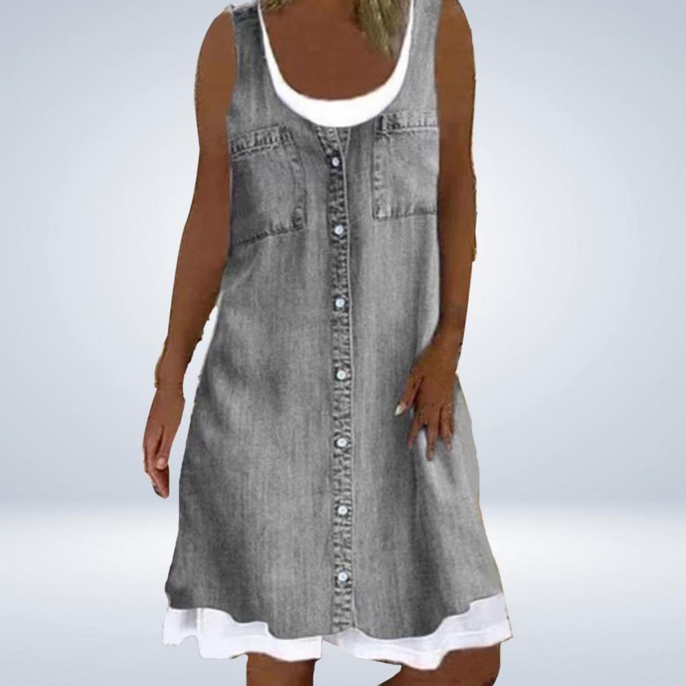 Letní dámské šaty bez rukávů Ležérní falešný dvoudílný kulatý výstřih Dámské džínové šaty Knoflíková ozdoba Volný střih A-line Dámské tílkové šaty
