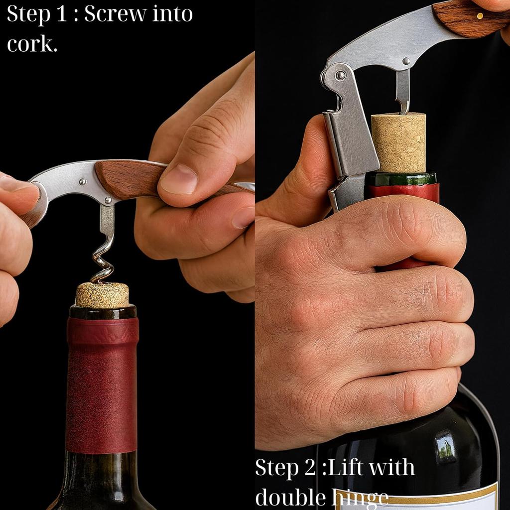 1PC Professional Waiter’s Corkscrew Double-Hinged Wine Opener with Wooden Handle & Leather Case, Durable Stainless Steel Wine Key