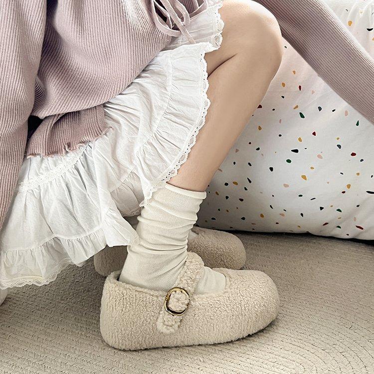 thick-soled white plush shoes women's shoes wear 2025 new autumn and winter Mary Jane single shoes plush cotton shoes women