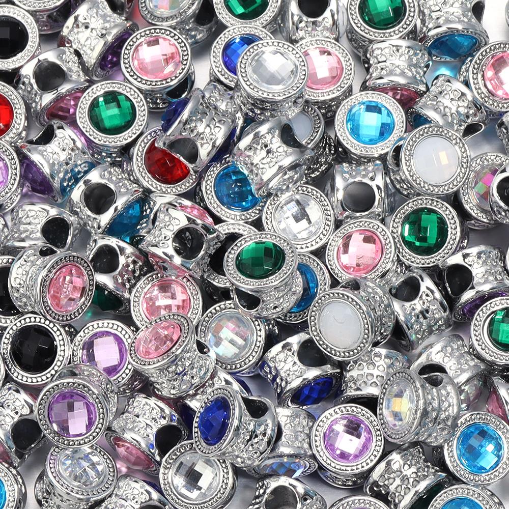 10pcs/Lot Color Alloy Rhinestone Spacer Beads Large Hole Barrel Bead for Jewelry Making DIY Charms Bracelet Hair Beads Accessory