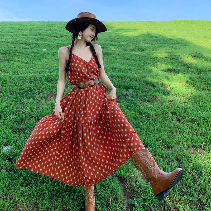 Dream Horse Retro Vacation Long Skirt Qinghai Big Northwest Red Dress Bohemian Suspender Dress Backless Woman