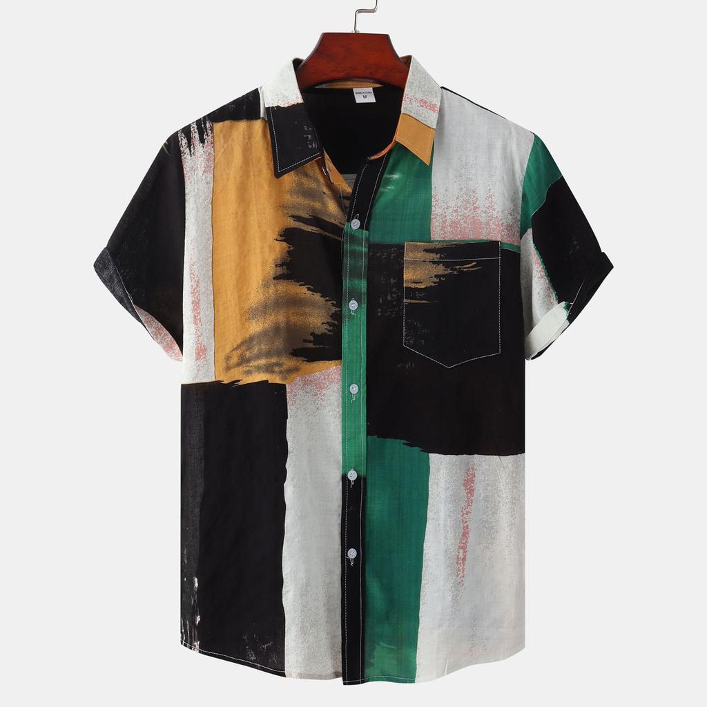 Men's Loose Casual Hawaiian Vacation Short Sleeve Printed Patchwork Top Beach Button Up Shirt