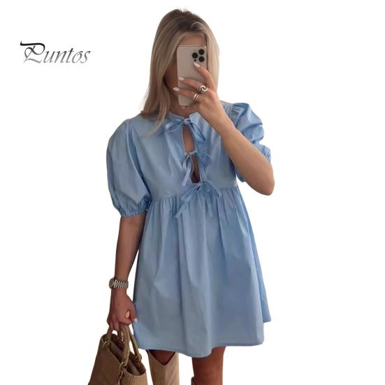 

Летнее женское платье на шнуровке с бантом и декором с круглым вырезом и леопардовым принтом, с короткими пышными рукавами, сплошное цветное плиссированное мини-платье трапециевидной формы для свиданий L синий