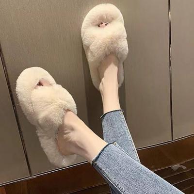 Cotton Slippers Autumn and Winter Women's Fashion Versatile Velvet Home Indoor Warm Couple Fluffy Cross with Cool Slippers Outside