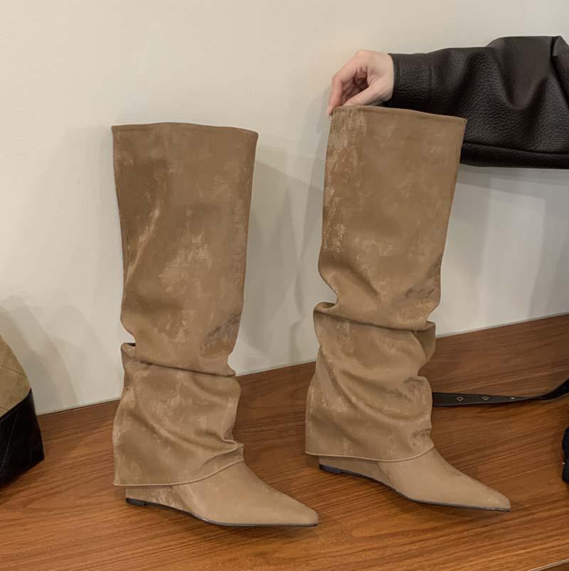 Song Xixi 2025 new pointed heel trouser tube boots pleated Spice Girl long boots high heel but knee straight high boots