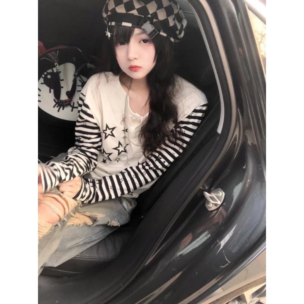 TrendHub Streetwear Long Sleeve T Shirts Harajuku Women Punk Star Print Casual Striped  Shirt Japanese Y2k Aesthetic Grunge Tops