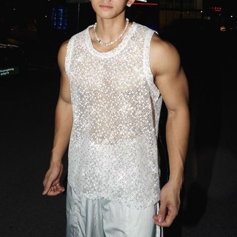 

Men s Casual Hollow-out Sexy Vest Men s Clothing Summer Sequins Flashing Woven Mesh Sleeveless Vest Top Hot Sale Fashion White S