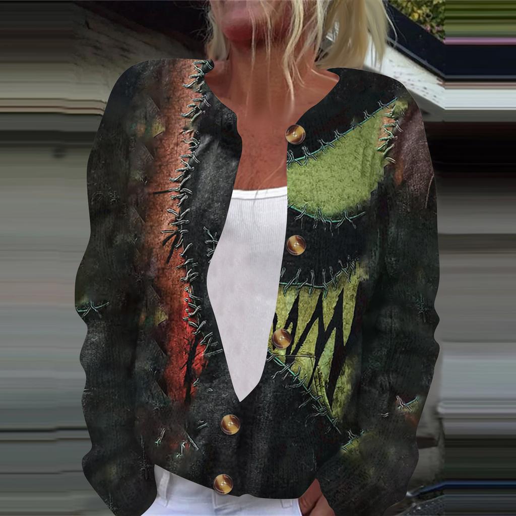 Women's Fashion Printed Long Sleeve Knitted Cardigan Button Down Jacket