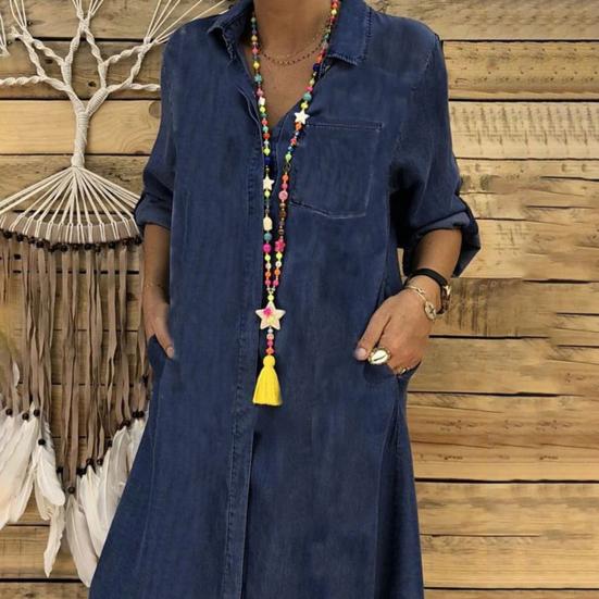 Denim Dress Single Breasted Pockets Summer Buttons Knee Length Dress Streetwear
