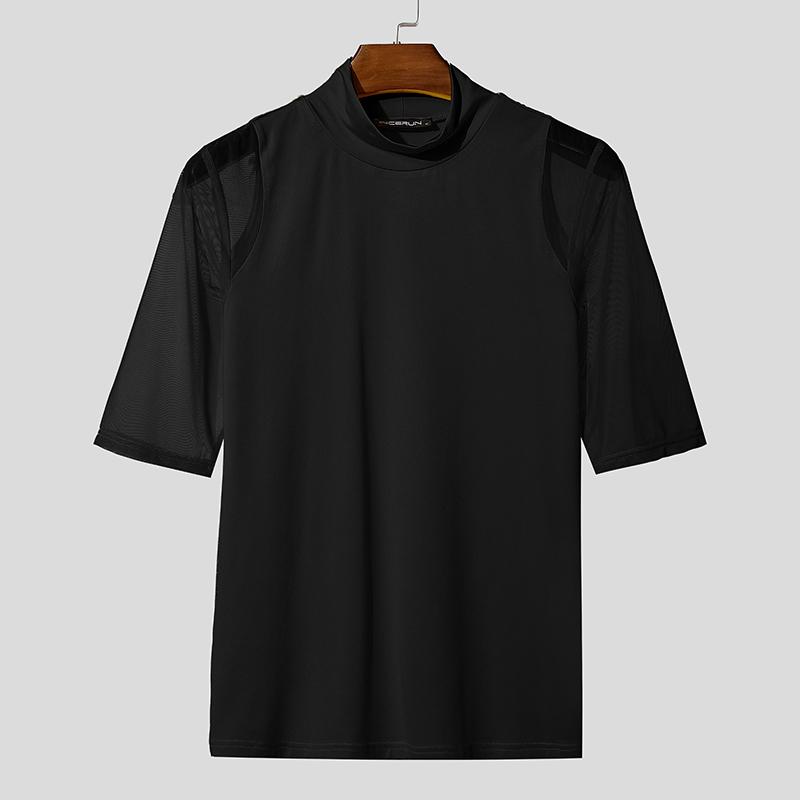 INCERUN Men's Sexy Short Sleeve Turtleneck Slim Fit See Through Mesh T-Shirt Muscle Tops Party Clubwear