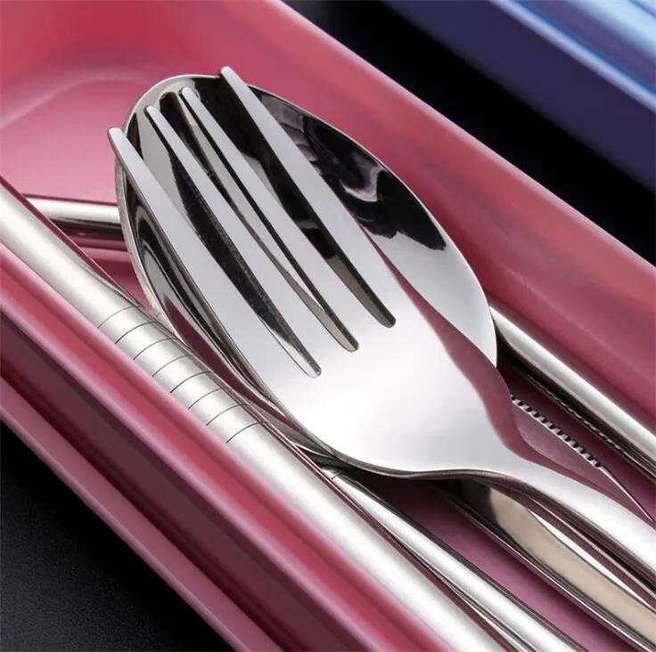 Stainless Steel Flatware Portable Cutlery For Outdoor Travel Picnic Dinnerware Set Metal Straw With Box And Bag Kitchen Utensil FMT2155