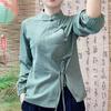 Women's Vintage Corduroy Shirt with Slanted Collar In Solid Color Chinese Literary Style Top