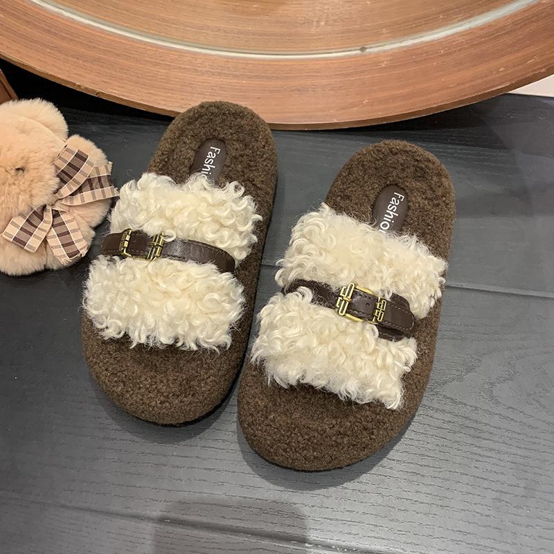 Korean height-increasing and thin women's cotton slippers fashion fluffy slippers 2025 autumn new fashion retro one-word drag