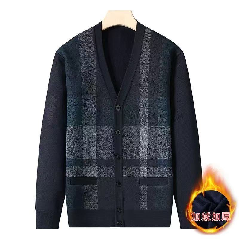 Tops de Otoño Invierno para Personas Mayores de Mediana Edad Abrigo Grueso de Terciopelo Cálido Suéter Cárdigan de Punto para Hombre Tejido