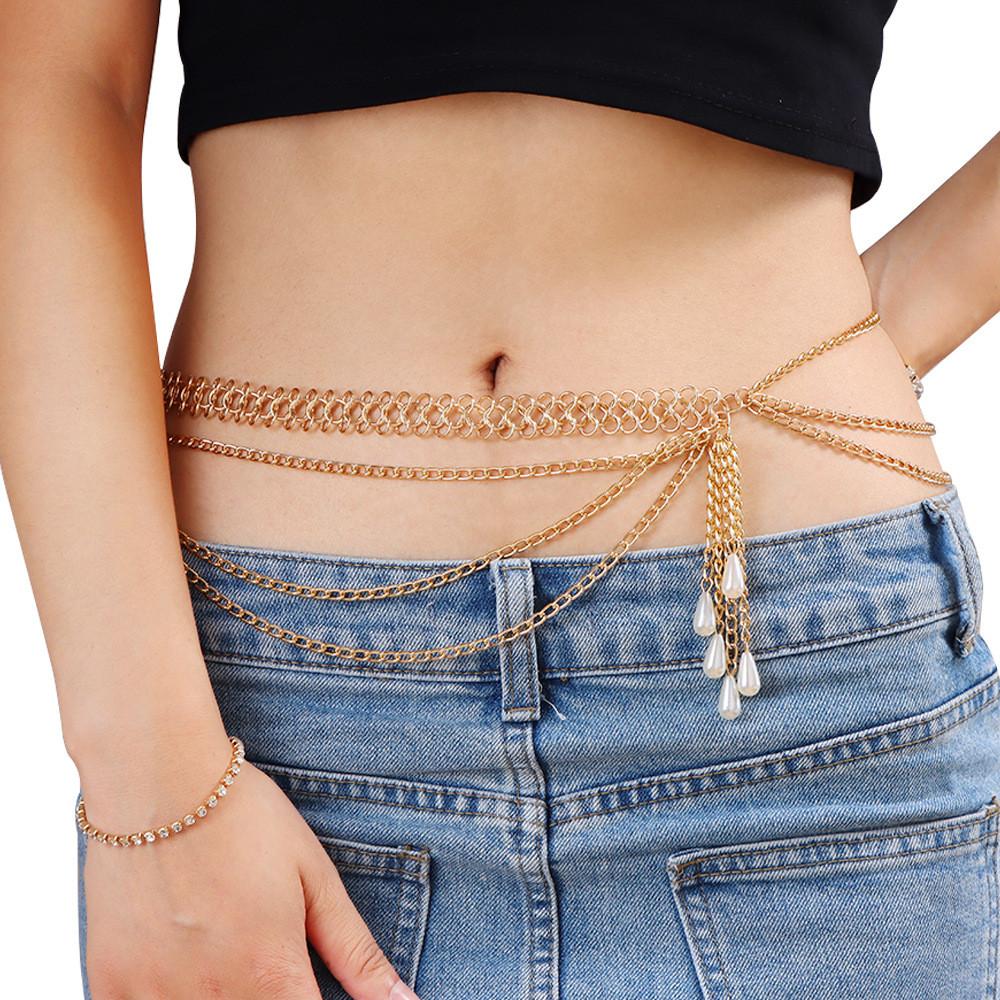 Female Summer Gold Pearl Multilayer Body Chain With Lobster Clasp For Fashion Trendy Wear