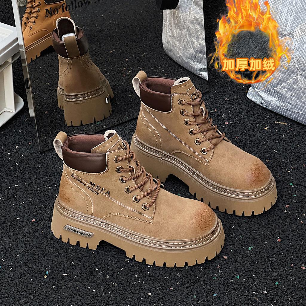 European leather thick-soled heightening rhubarb boots Martin boots women's autumn new British style short boots locomotive boots