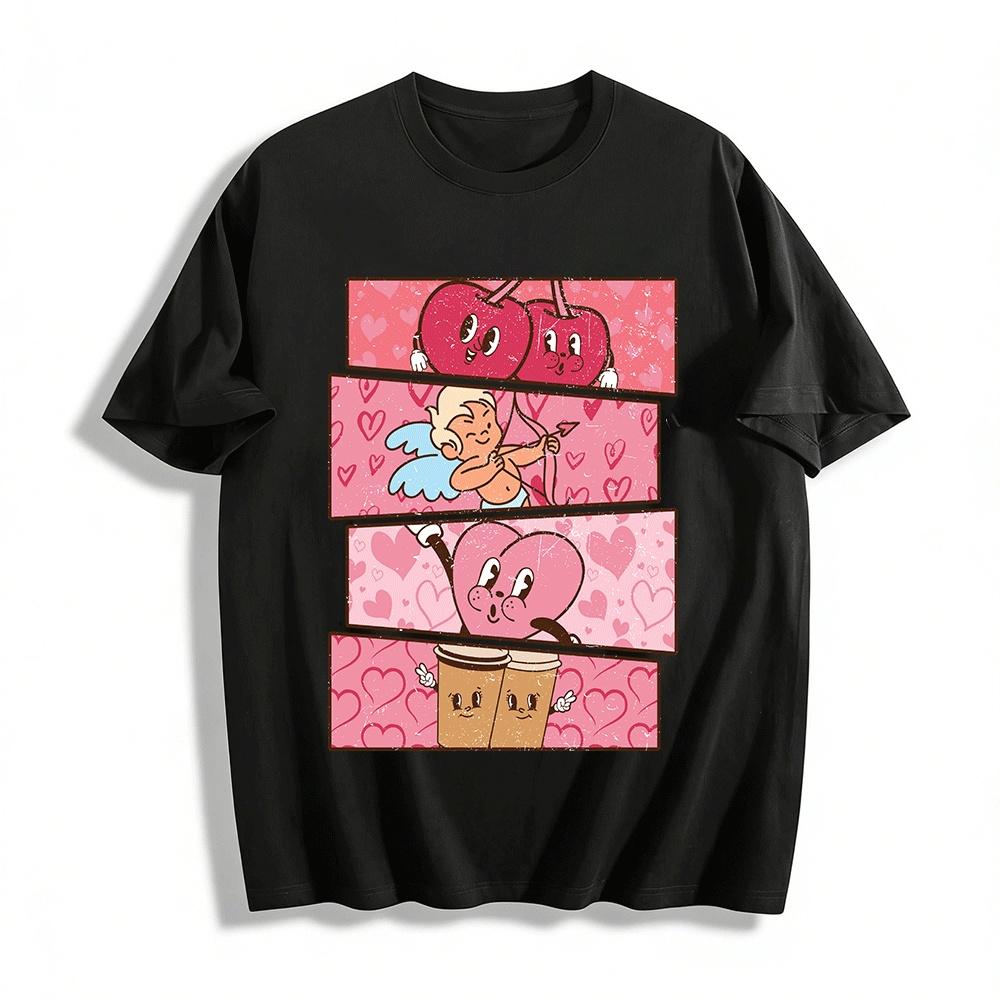 

Retro Love Cherry Cupid Coffee Print Couple Casual Top Pure cotton T-shirt XXS